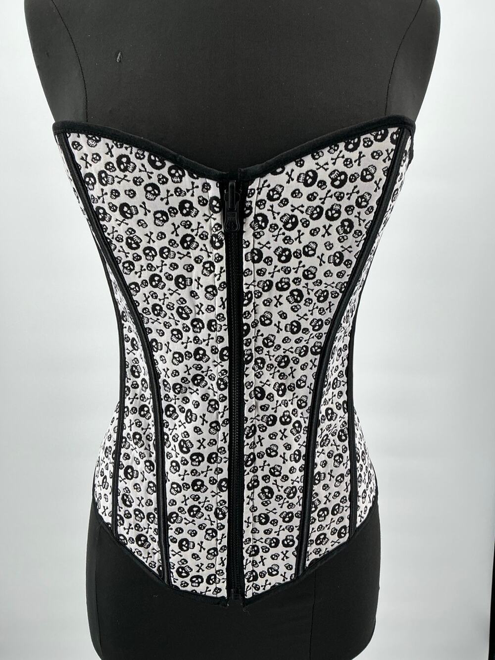 Reversible Black White Skull Brocade Corset Zip Front Lace-Up Gothic Large